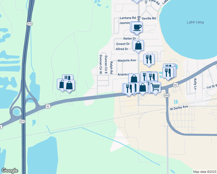 map of restaurants, bars, coffee shops, grocery stores, and more near 201 Valencia Drive in Auburndale