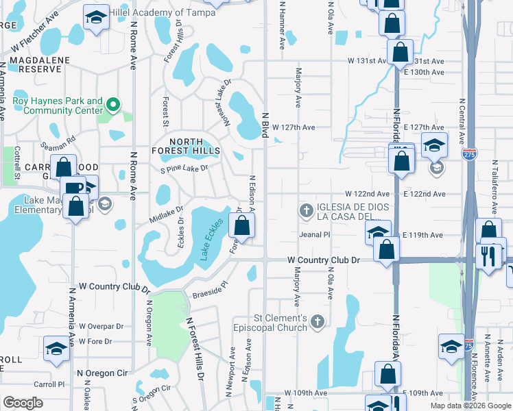 map of restaurants, bars, coffee shops, grocery stores, and more near 11728 North Edison Avenue in Tampa