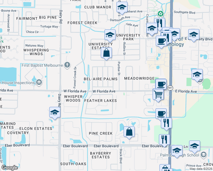 map of restaurants, bars, coffee shops, grocery stores, and more near 3488 Areca Palm Avenue in Melbourne