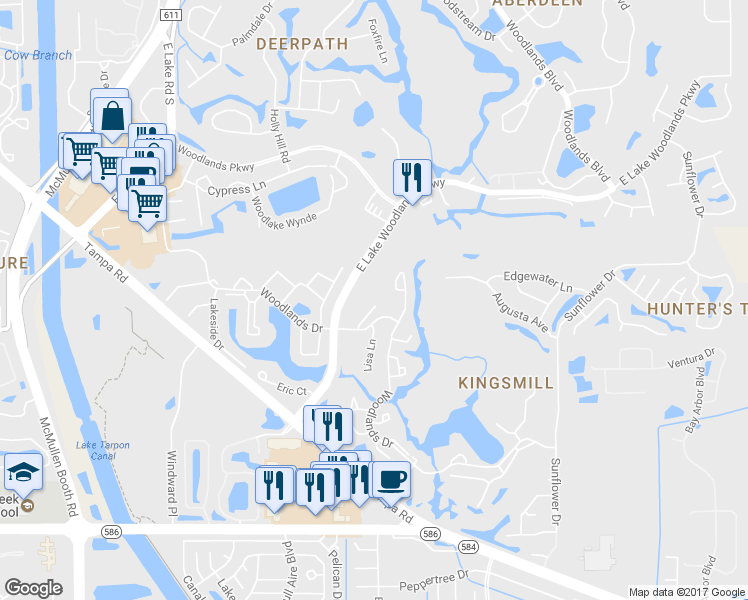 map of restaurants, bars, coffee shops, grocery stores, and more near 170 Cypress Place in Oldsmar