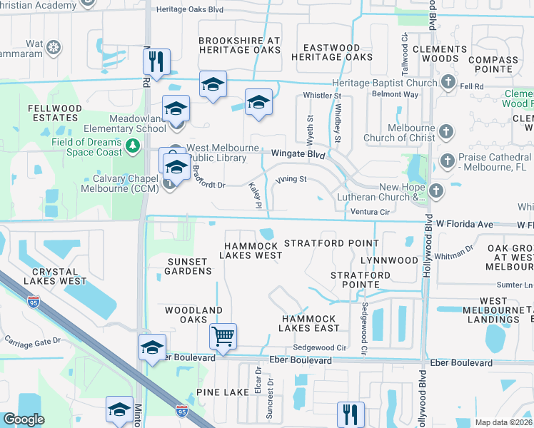 map of restaurants, bars, coffee shops, grocery stores, and more near 2728 Madrigal Lane in Melbourne