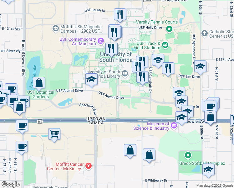 map of restaurants, bars, coffee shops, grocery stores, and more near Leroy Collins Boulevard in Tampa