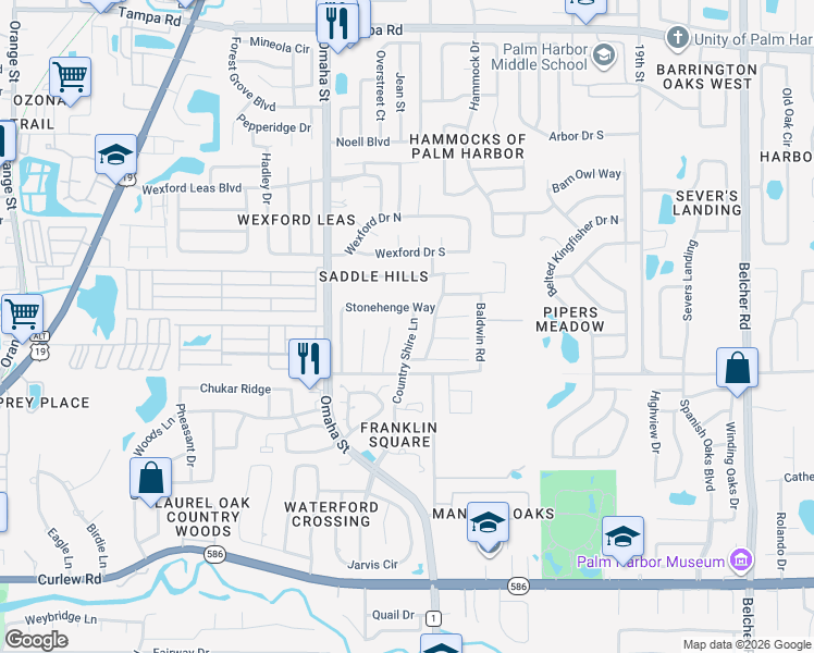 map of restaurants, bars, coffee shops, grocery stores, and more near 723 Moorland Lane in Palm Harbor