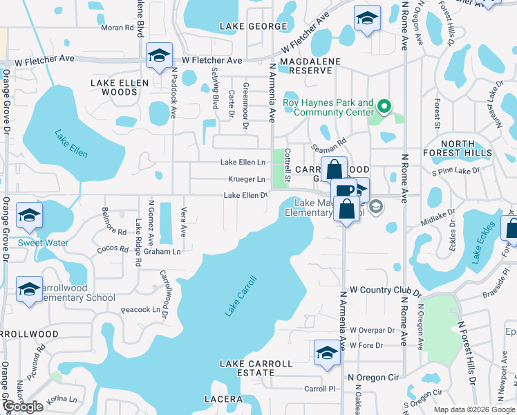 map of restaurants, bars, coffee shops, grocery stores, and more near 12108 Lake Carroll Drive in Tampa