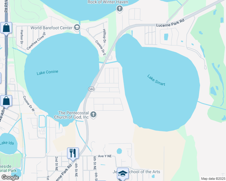 map of restaurants, bars, coffee shops, grocery stores, and more near 299 Winter Ridge Boulevard in Winter Haven