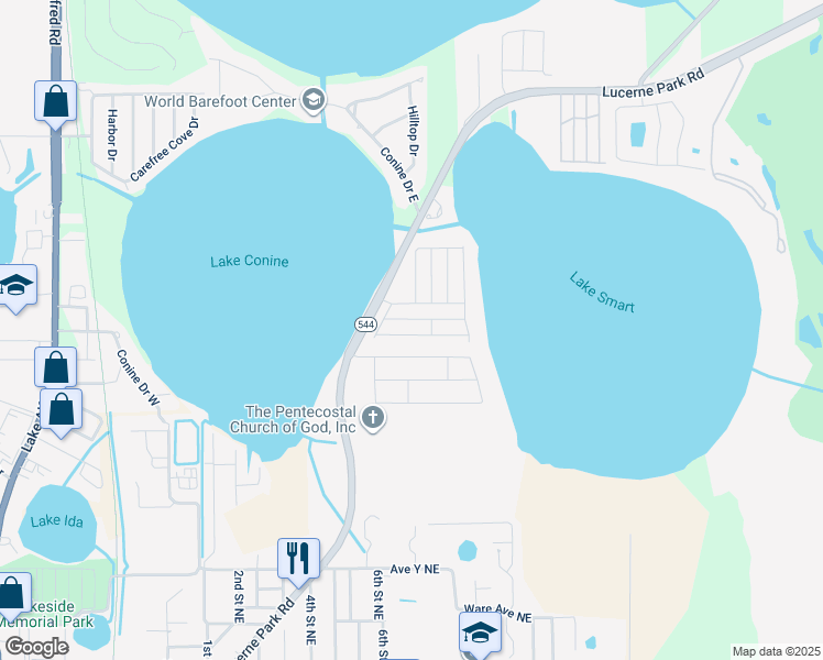 map of restaurants, bars, coffee shops, grocery stores, and more near 262 Winter Ridge Boulevard in Winter Haven
