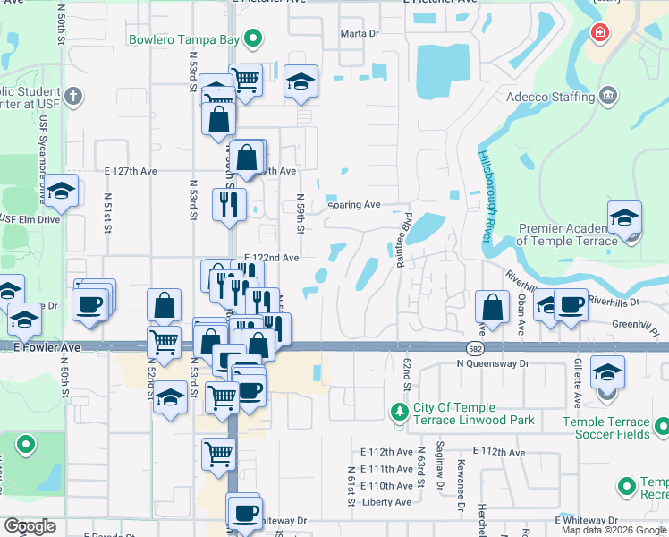map of restaurants, bars, coffee shops, grocery stores, and more near 11868 Skylake Place in Tampa