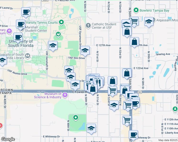 map of restaurants, bars, coffee shops, grocery stores, and more near 5055 Terrace Club Lane in Tampa