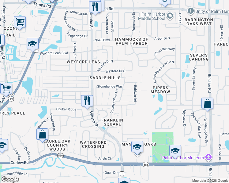map of restaurants, bars, coffee shops, grocery stores, and more near 723 Moorland Lane in Palm Harbor