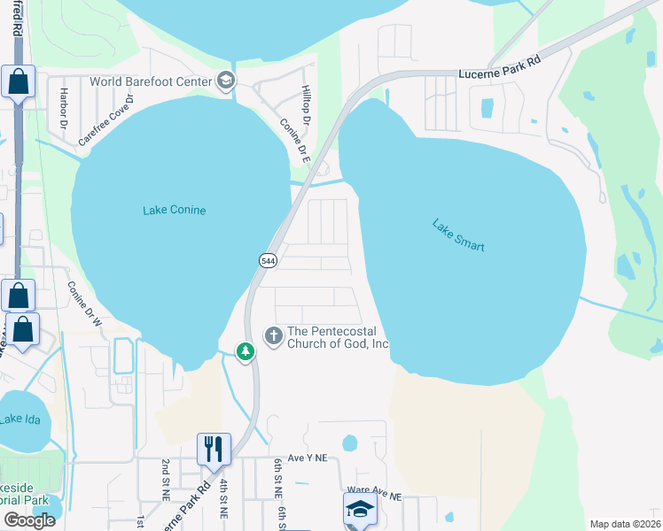 map of restaurants, bars, coffee shops, grocery stores, and more near 299 Winter Ridge Boulevard in Winter Haven