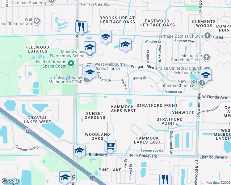 map of restaurants, bars, coffee shops, grocery stores, and more near 2752 Madrigal Lane in West Melbourne