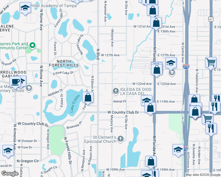 map of restaurants, bars, coffee shops, grocery stores, and more near 11736 Marjory Avenue in Tampa