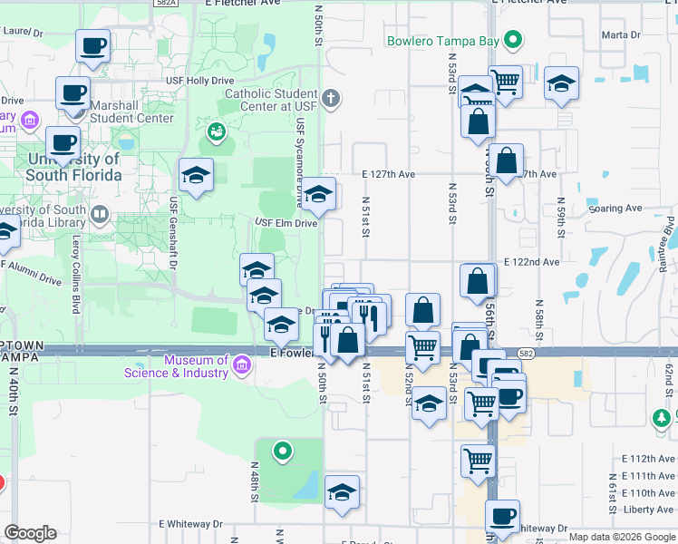 map of restaurants, bars, coffee shops, grocery stores, and more near 5055 Terrace Club Lane in Tampa