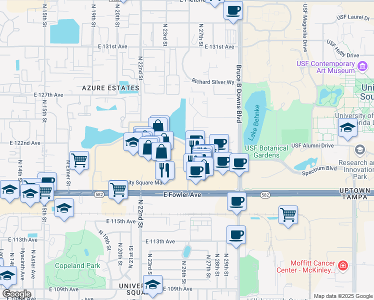 map of restaurants, bars, coffee shops, grocery stores, and more near 134 Club Drive in Tampa