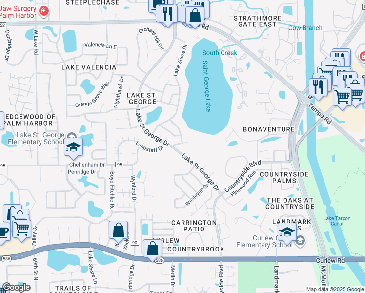 map of restaurants, bars, coffee shops, grocery stores, and more near 3404 Shorncliffe Lane in Palm Harbor