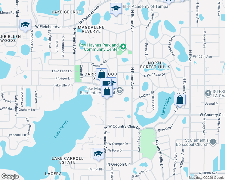 map of restaurants, bars, coffee shops, grocery stores, and more near 2002 Pine Lake Drive in Tampa