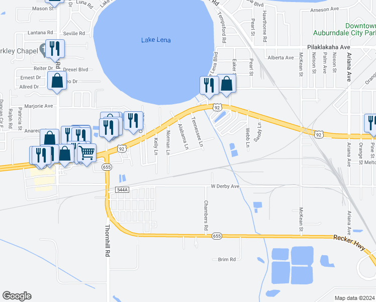 map of restaurants, bars, coffee shops, grocery stores, and more near 1501 1st Street West in Auburndale