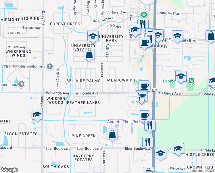 map of restaurants, bars, coffee shops, grocery stores, and more near 3483 Mazur Drive in Melbourne