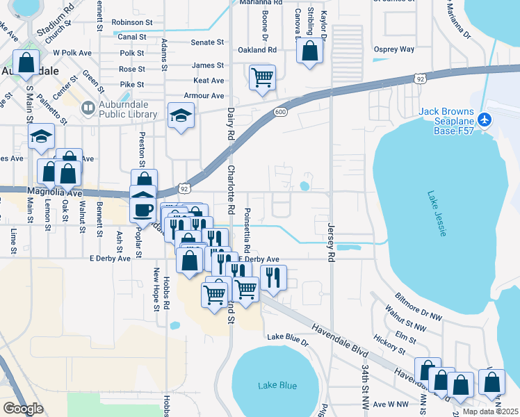 map of restaurants, bars, coffee shops, grocery stores, and more near 531 New Horizon Loop in Auburndale