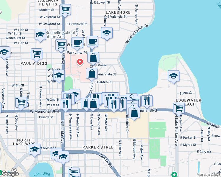 map of restaurants, bars, coffee shops, grocery stores, and more near 1117 Gilmore Avenue in Lakeland
