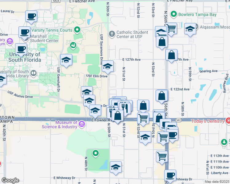 map of restaurants, bars, coffee shops, grocery stores, and more near 5055 Terrace Club Lane in Tampa