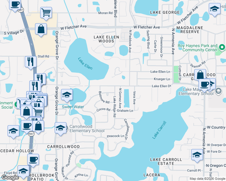 map of restaurants, bars, coffee shops, grocery stores, and more near 11817 Lipsey Road in Greater Carrollwood