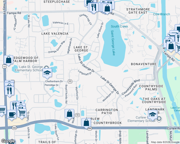 map of restaurants, bars, coffee shops, grocery stores, and more near 2748 Langstaff Drive in Palm Harbor