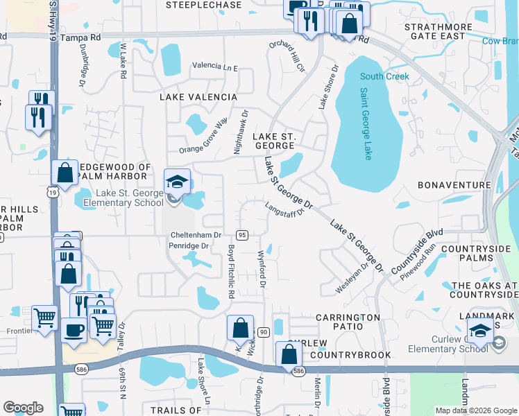 map of restaurants, bars, coffee shops, grocery stores, and more near 2681 Macklin Court in Palm Harbor