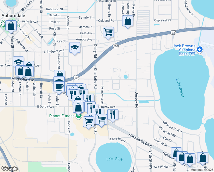 map of restaurants, bars, coffee shops, grocery stores, and more near 531 New Horizon Loop in Auburndale