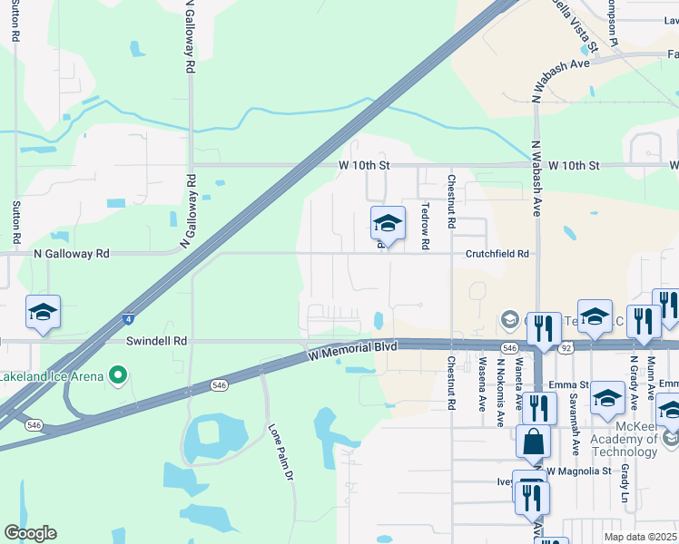 map of restaurants, bars, coffee shops, grocery stores, and more near 1119 Melville Avenue in Lakeland