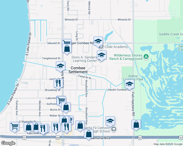 map of restaurants, bars, coffee shops, grocery stores, and more near 2816 Canal Drive North in Lakeland