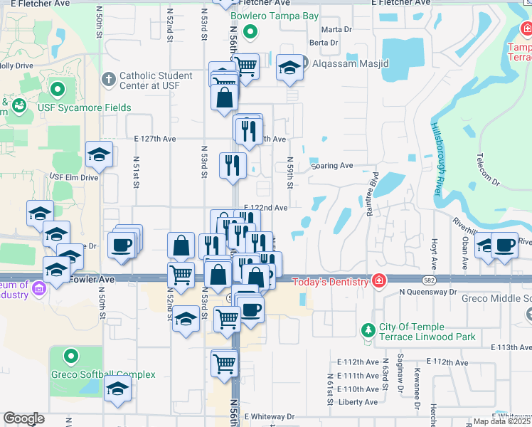 map of restaurants, bars, coffee shops, grocery stores, and more near 5617 East 122nd Avenue in Temple Terrace