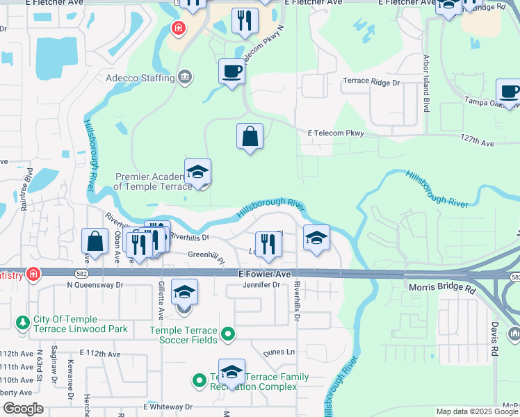 map of restaurants, bars, coffee shops, grocery stores, and more near 11926 Riverhills Drive in Tampa