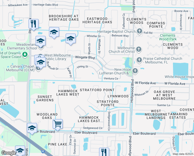 map of restaurants, bars, coffee shops, grocery stores, and more near 2602 Ventura Circle in Melbourne