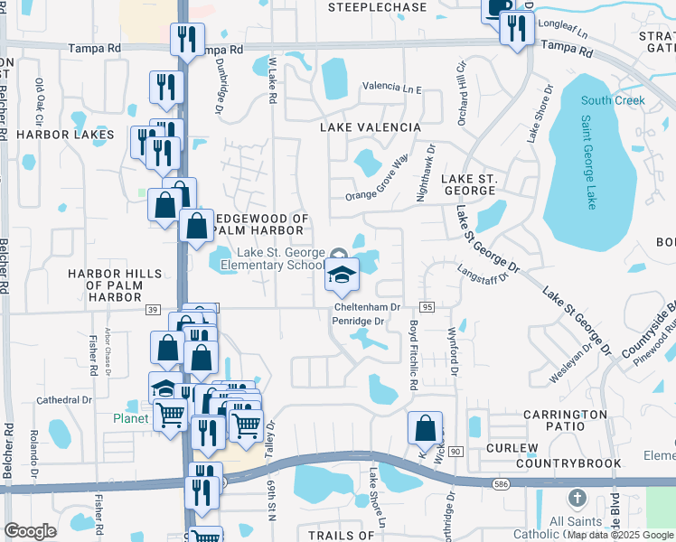 map of restaurants, bars, coffee shops, grocery stores, and more near 2855 County Road 95 in Palm Harbor