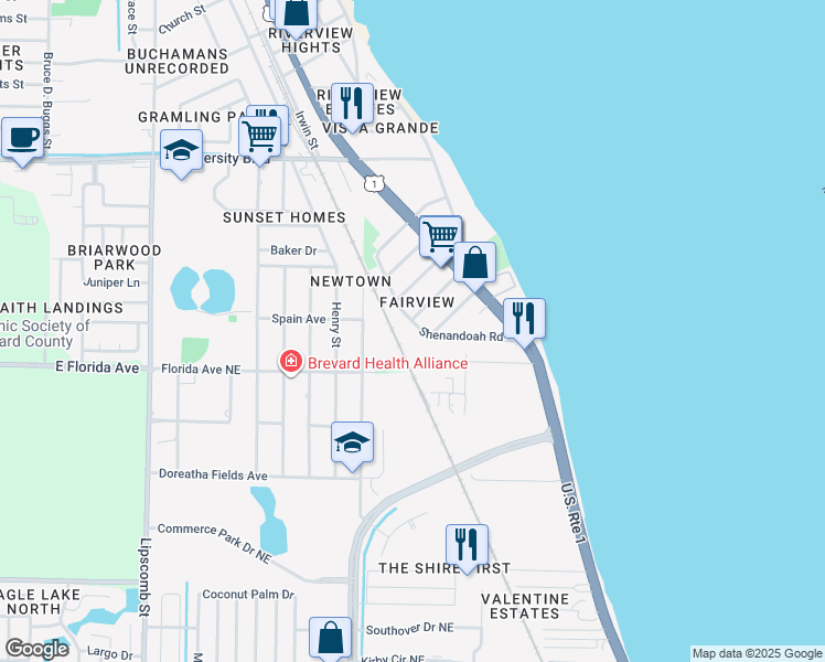 map of restaurants, bars, coffee shops, grocery stores, and more near 2344 Shenandoah Road in Palm Bay