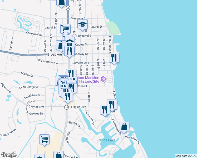 map of restaurants, bars, coffee shops, grocery stores, and more near 307 Henderson Street in Rockport
