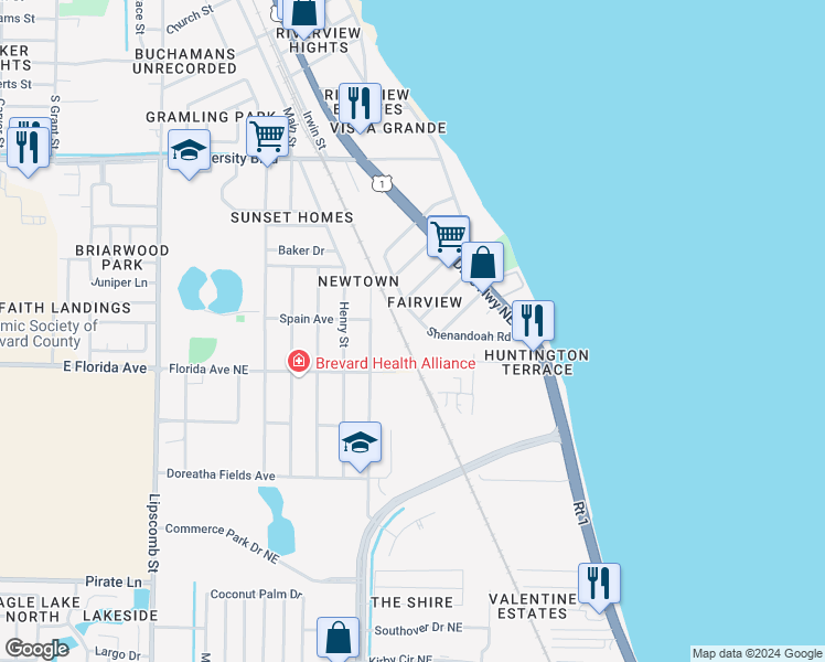 map of restaurants, bars, coffee shops, grocery stores, and more near 2344 Shenandoah Road in Palm Bay