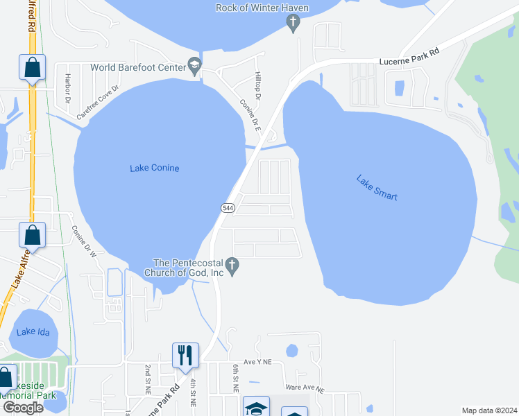 map of restaurants, bars, coffee shops, grocery stores, and more near 262 Winter Ridge Boulevard in Winter Haven