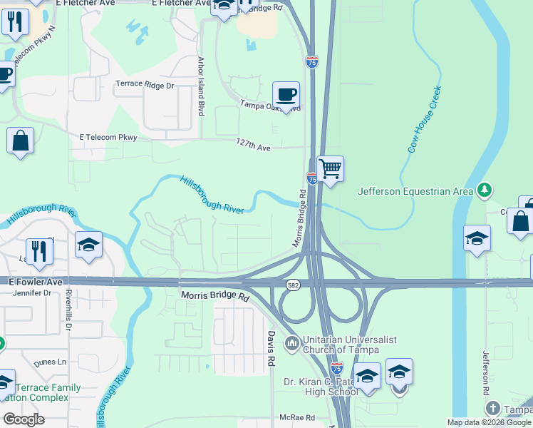 map of restaurants, bars, coffee shops, grocery stores, and more near 8612 Poinsettia Drive in Tampa