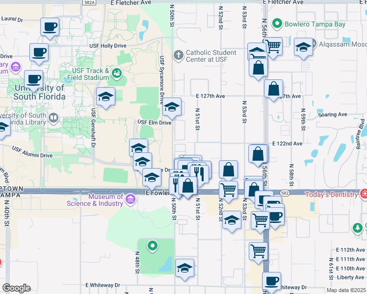 map of restaurants, bars, coffee shops, grocery stores, and more near 5055 Terrace Club Lane in Tampa