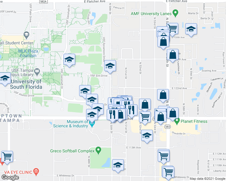 map of restaurants, bars, coffee shops, grocery stores, and more near 5055 Terrace Club Lane in Tampa