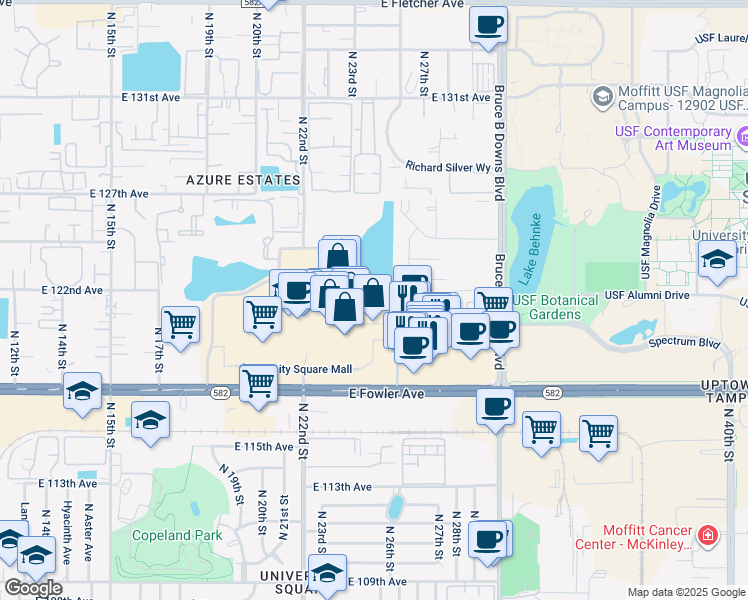 map of restaurants, bars, coffee shops, grocery stores, and more near 134 Club Drive in Tampa