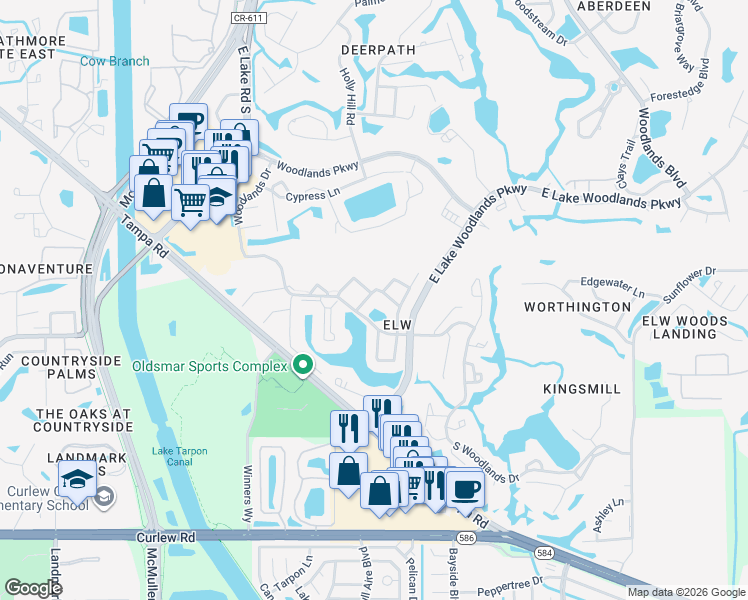 map of restaurants, bars, coffee shops, grocery stores, and more near 206 Martha Lane in Oldsmar
