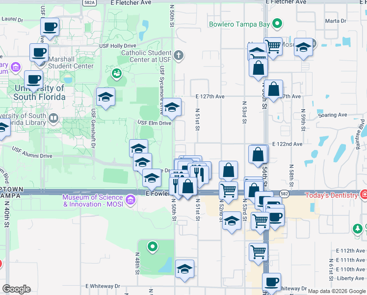 map of restaurants, bars, coffee shops, grocery stores, and more near 5032 Terrace Palms Circle in Tampa
