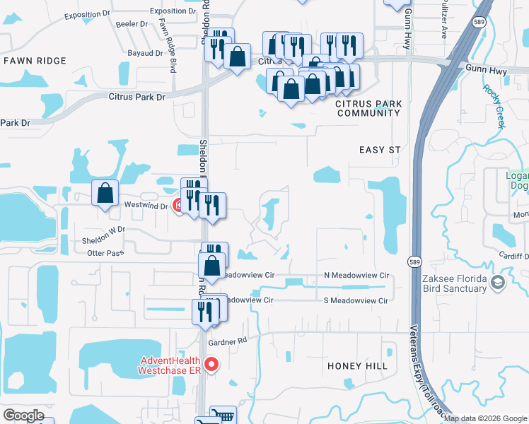 map of restaurants, bars, coffee shops, grocery stores, and more near 12011 Citrus Falls Circle in Tampa