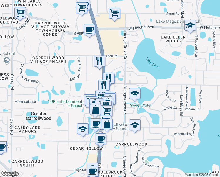 map of restaurants, bars, coffee shops, grocery stores, and more near 11915 North Dale Mabry Highway in Tampa