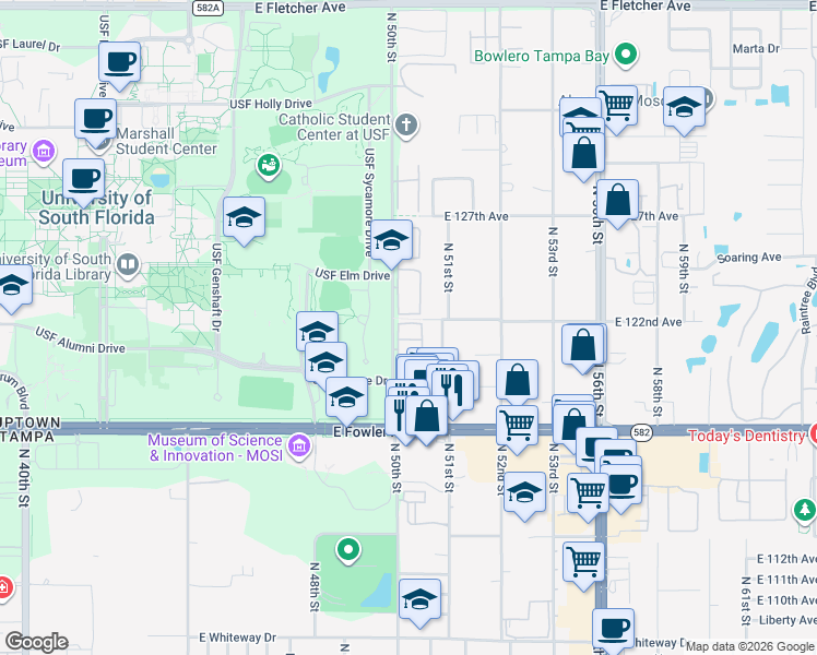 map of restaurants, bars, coffee shops, grocery stores, and more near 5040 Terrace Palms Circle in Tampa
