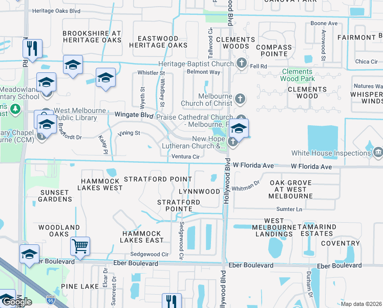 map of restaurants, bars, coffee shops, grocery stores, and more near 2558 Ventura Circle in Melbourne
