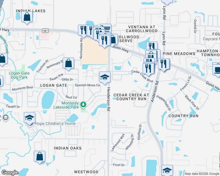 map of restaurants, bars, coffee shops, grocery stores, and more near 12603 Henderson Road in Tampa